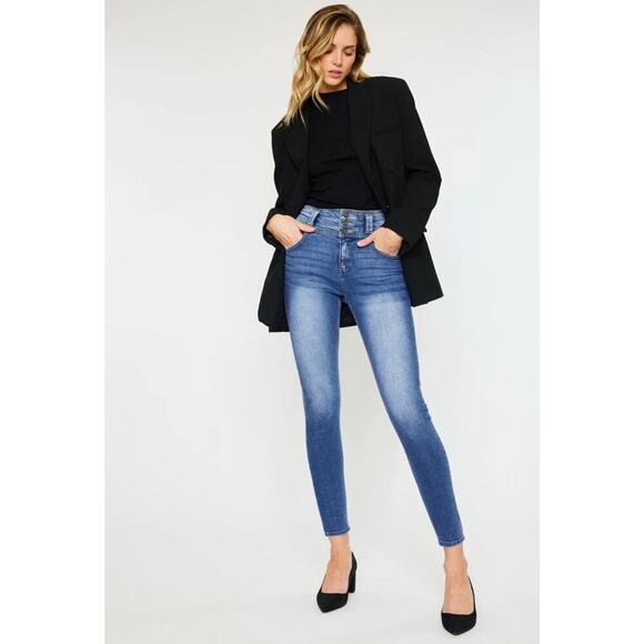 Kancan Alexandria High Rise Super Skinny Exposed 3 Button Medium Wash Jeans 3/25 - Picture 1 of 10